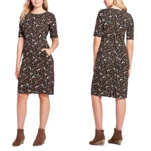 Lands’ End Floral Black Knit Slimming Dress‎ Muted Tones. Size 10P.